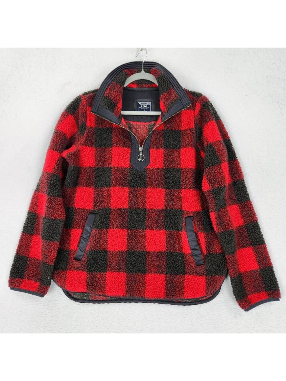 Abercrombie Fitch Sweater Womens Small Red Black Buffalo Plaid 1/4 Zip Pullover